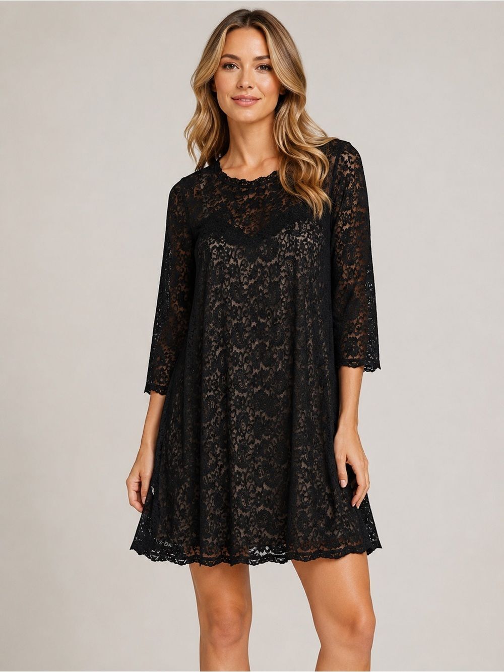 Umgee Black Lace Nude Underlay Swing Dress Large